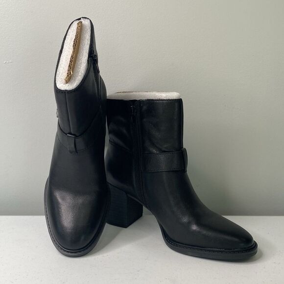 Lucky Brand Achelle Black Leather Bootie Silver Buckle Stacked Block Heel Zipper - Picture 2 of 15